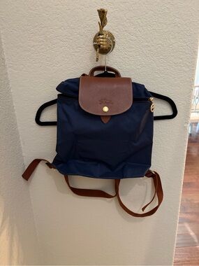 Longchamp Navy Nylon Backpack with Brown Leather Trim